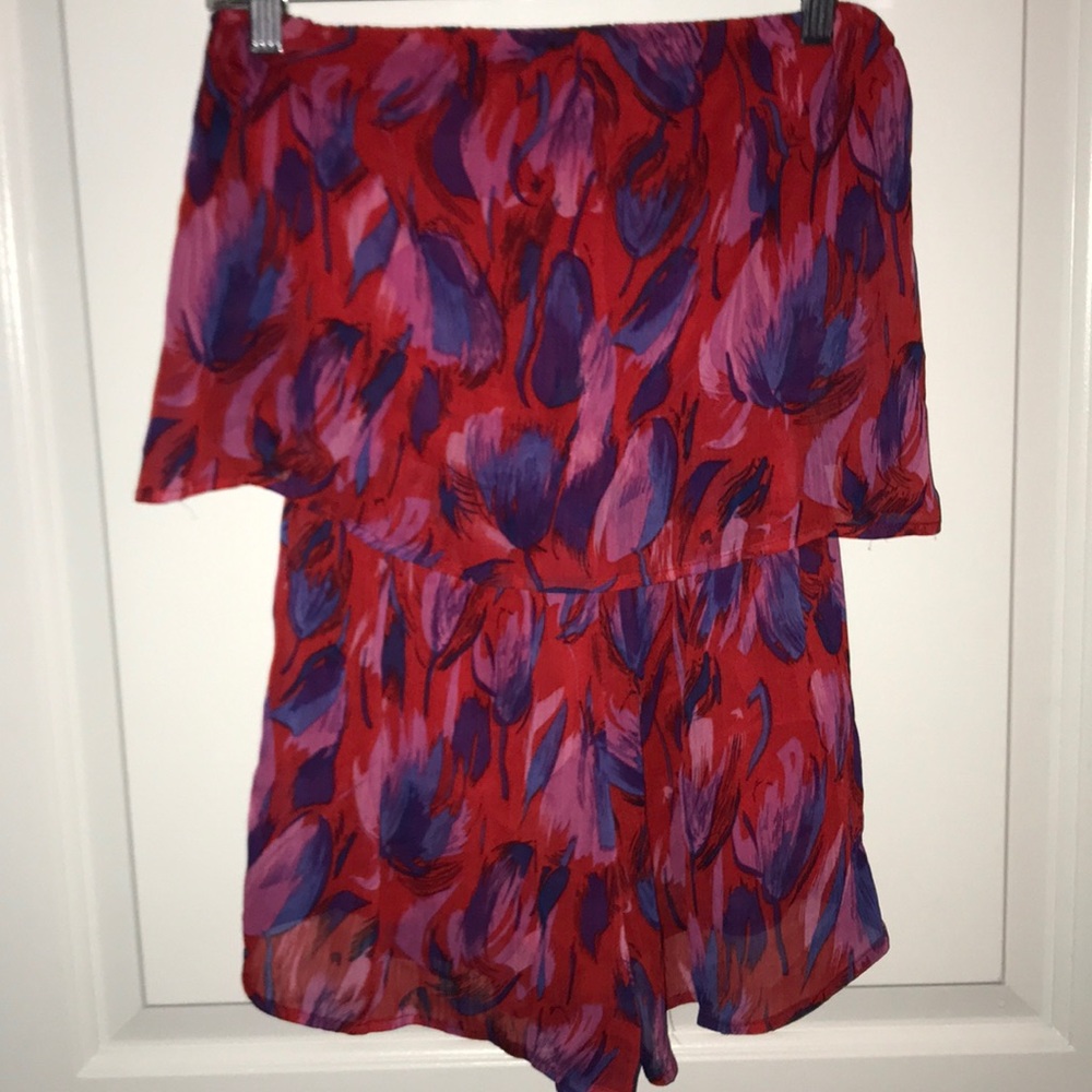 Red/purple floral strapless romper